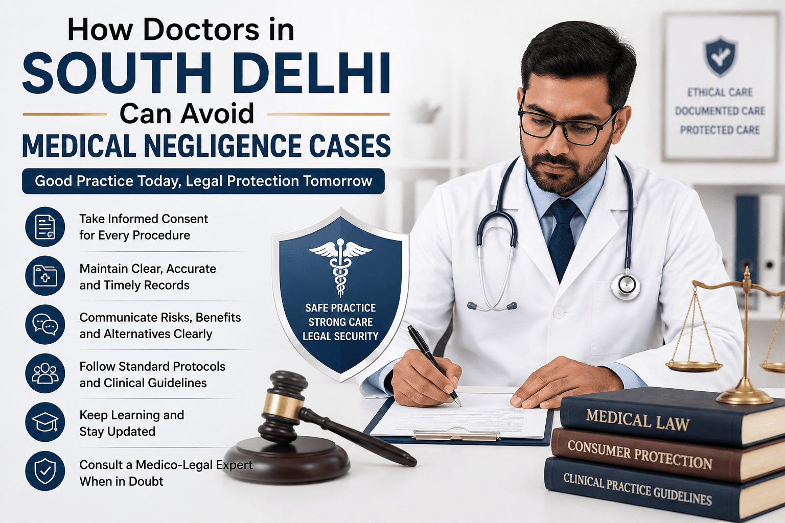 Doctors in South Delhi following informed consent, documentation, communication, and legal safety practices to avoid medical negligence cases.